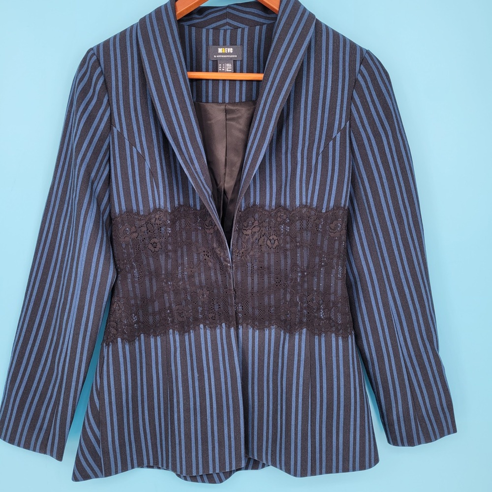 Maeve Blazer Women Size 0 Striped Lace Waist Dark Academia Peplum Blue work goth